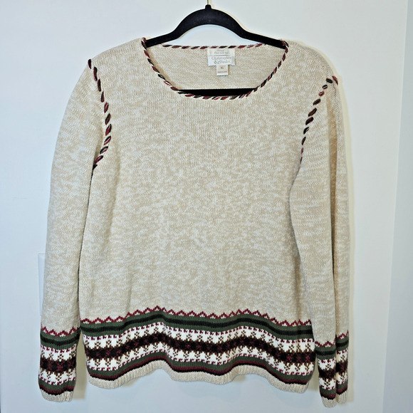 Christopher Banks Christmas Sweater Women’s Size XL Tan Hand Embroidered ‎ - Picture 1 of 10